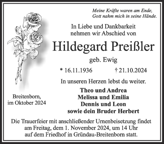 Traueranzeige von Hildegard Preißler von Gelnhäuser Neue Zeitung