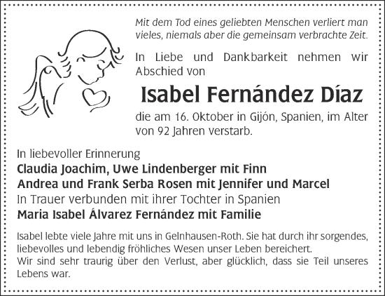 Traueranzeige von Isabel Fernandez Diaz von Gelnhäuser Neue Zeitung