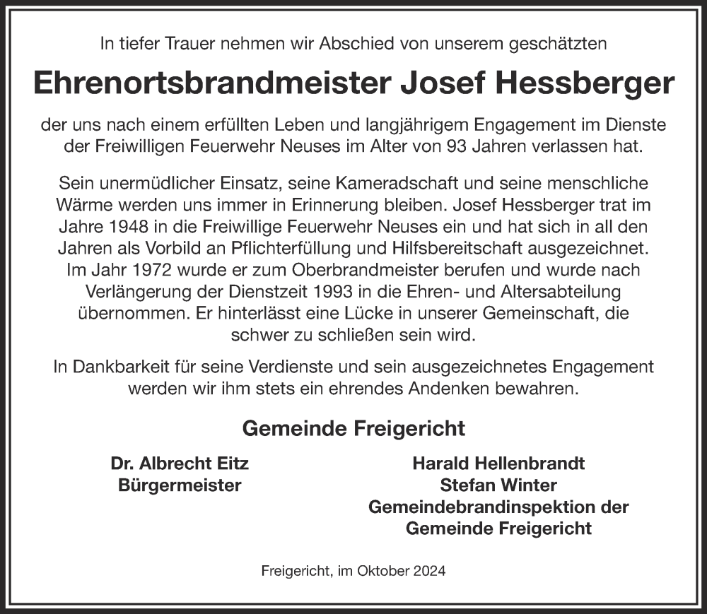  Traueranzeige für Josef Hessberger vom 12.10.2024 aus Mittelhessen-Bote