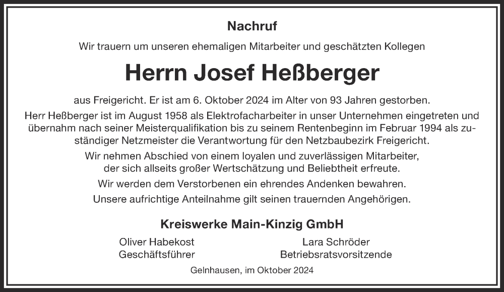  Traueranzeige für Josef Heßberger vom 26.10.2024 aus Gelnhäuser Neue Zeitung