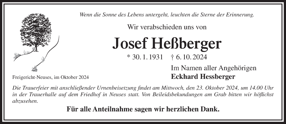 Traueranzeige für Josef Heßberger vom 19.10.2024 aus Mittelhessen-Bote
