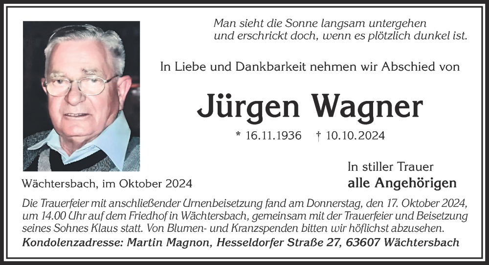  Traueranzeige für Jürgen Wagner vom 19.10.2024 aus Mittelhessen-Bote