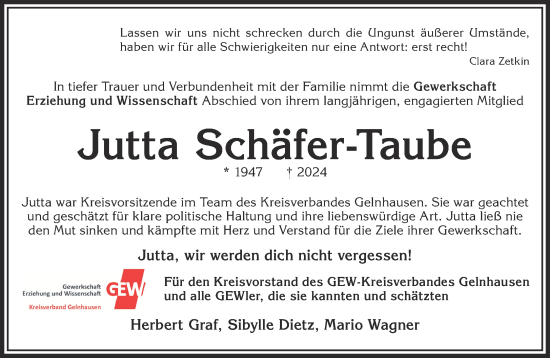 Traueranzeige von Jutta Schäfer-Taube von Mittelhessen-Bote