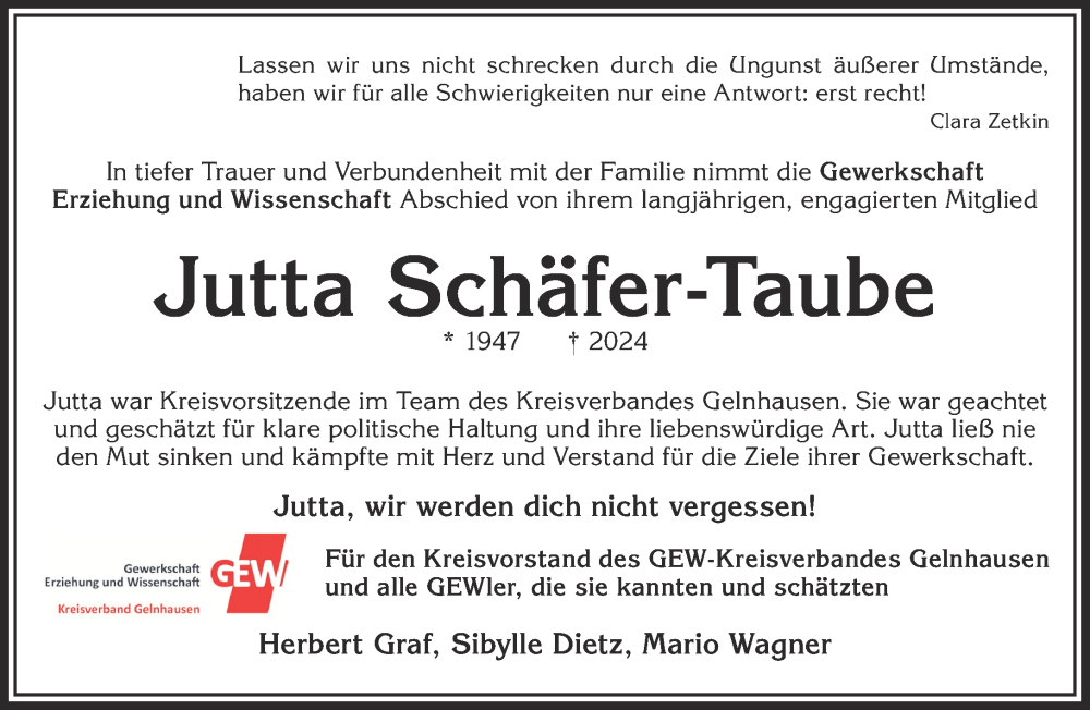  Traueranzeige für Jutta Schäfer-Taube vom 19.10.2024 aus Mittelhessen-Bote