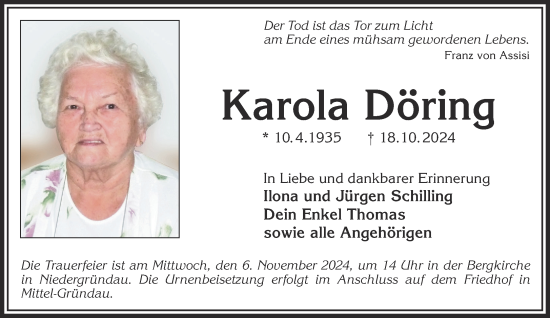 Traueranzeige von Karola Döring von Gelnhäuser Neue Zeitung