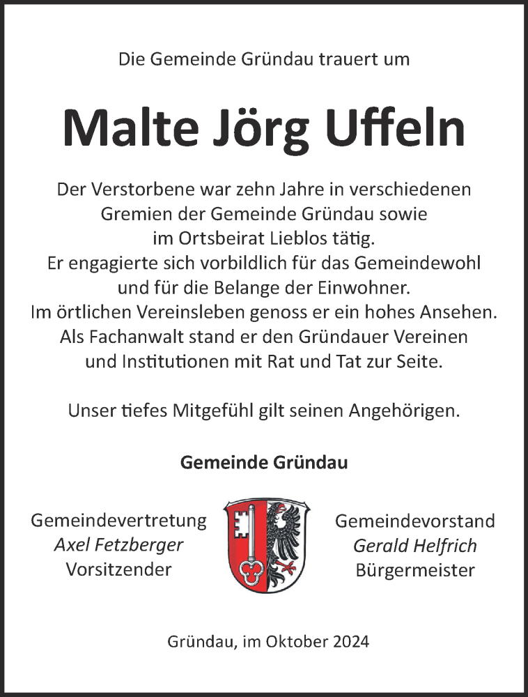  Traueranzeige für Malte Jörg Uffeln vom 12.10.2024 aus Gelnhäuser Neue Zeitung