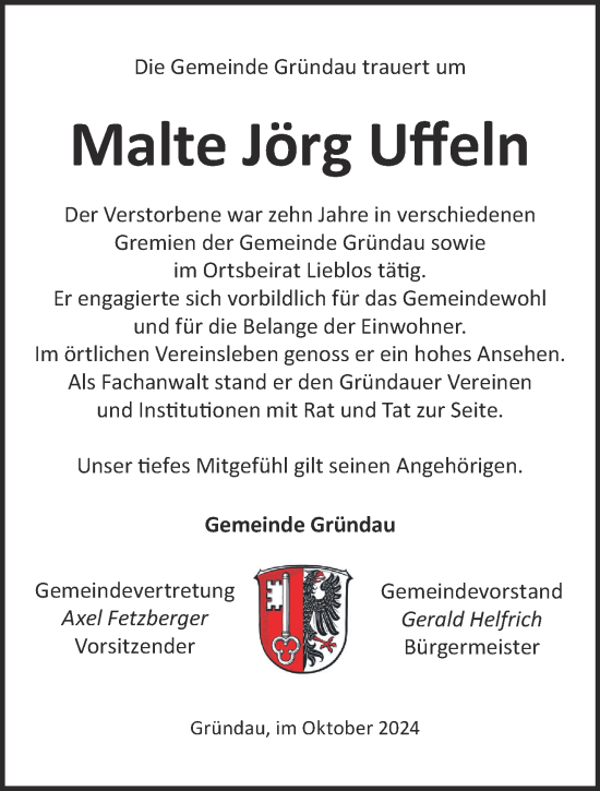Traueranzeige von Malte Jörg Uffeln von Mittelhessen-Bote