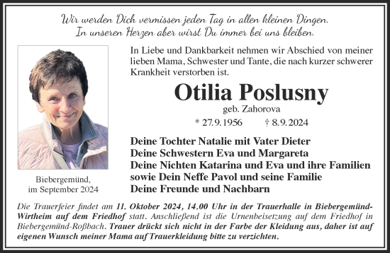Traueranzeige von Otilia Poslusny von Gelnhäuser Neue Zeitung