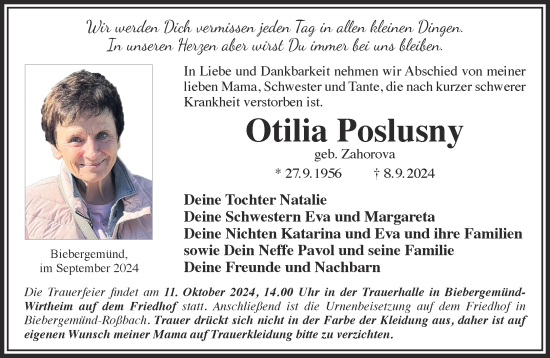 Traueranzeige von Otilia Poslusny von Mittelhessen-Bote