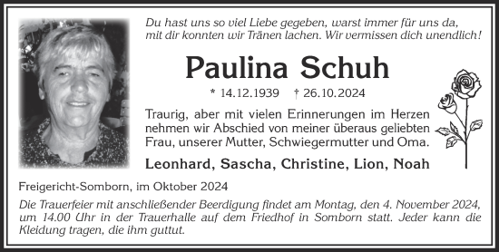 Traueranzeige von Paulina Schuh von Gelnhäuser Neue Zeitung