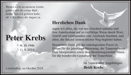Traueranzeige von Peter Krebs von Gelnhäuser Neue Zeitung