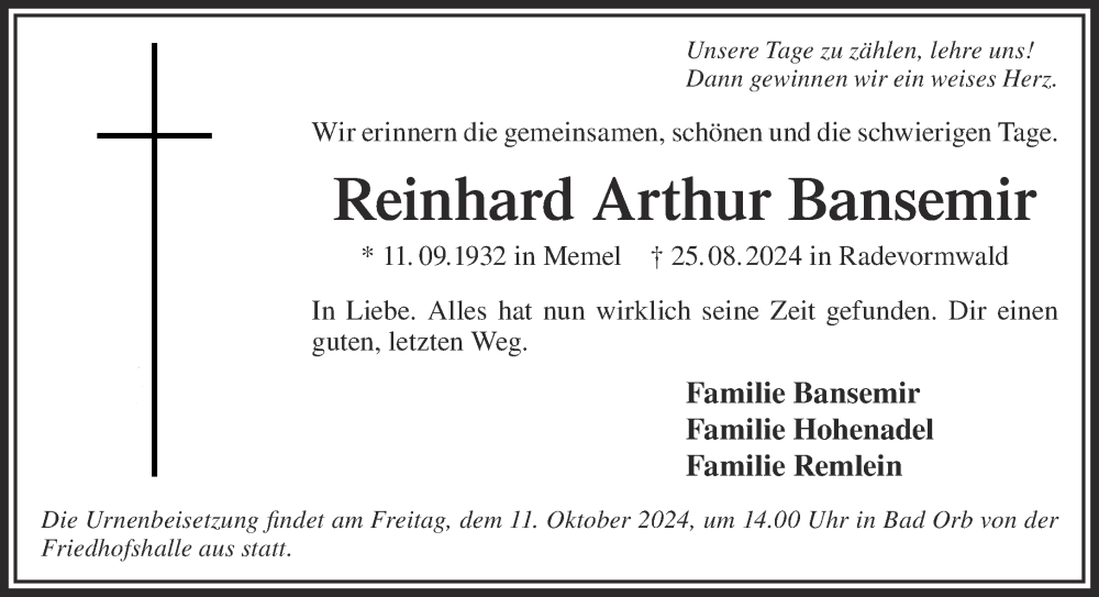  Traueranzeige für Reinhard Arthur Bansemir vom 05.10.2024 aus Gelnhäuser Neue Zeitung