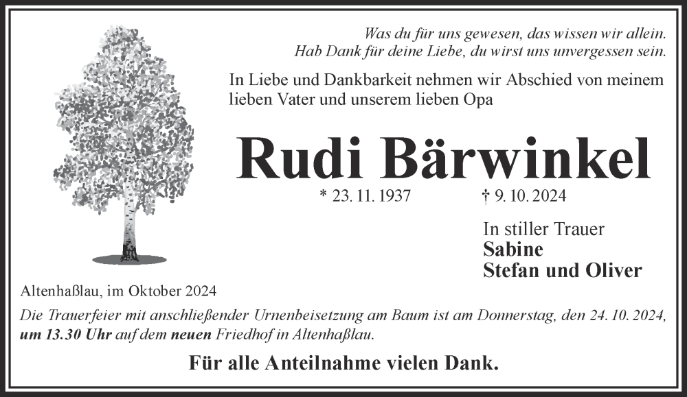  Traueranzeige für Rudi Bärwinkel vom 19.10.2024 aus Mittelhessen-Bote