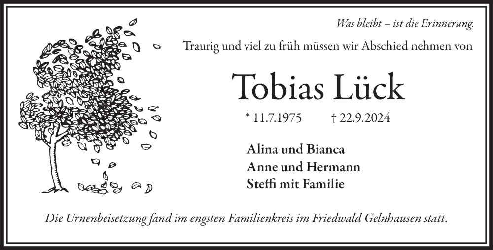  Traueranzeige für Tobias Lück vom 26.10.2024 aus Gelnhäuser Neue Zeitung