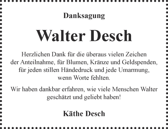Traueranzeige von Walter Desch von Gelnhäuser Neue Zeitung