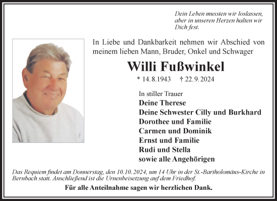 Traueranzeige von Willi Fußwinkel von Gelnhäuser Neue Zeitung