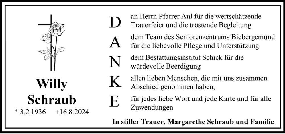  Traueranzeige für Willy Schraub vom 12.10.2024 aus Mittelhessen-Bote