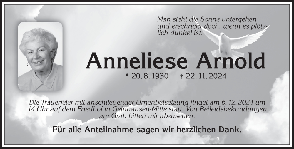  Traueranzeige für Anneliese Arnold vom 30.11.2024 aus Mittelhessen-Bote