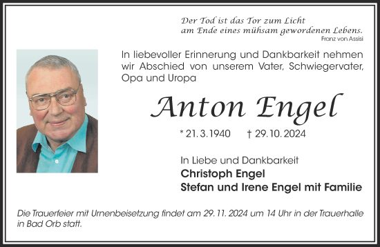 Traueranzeige von Anton Engel von Gelnhäuser Neue Zeitung