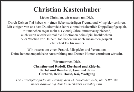 Traueranzeige von Christian Kastenhuber von Mittelhessen-Bote