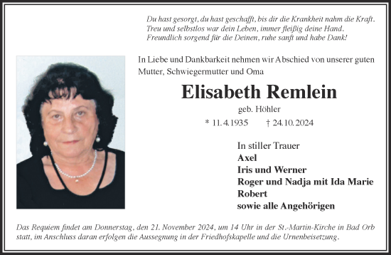 Traueranzeige von Elisabeth Remlein von Gelnhäuser Neue Zeitung