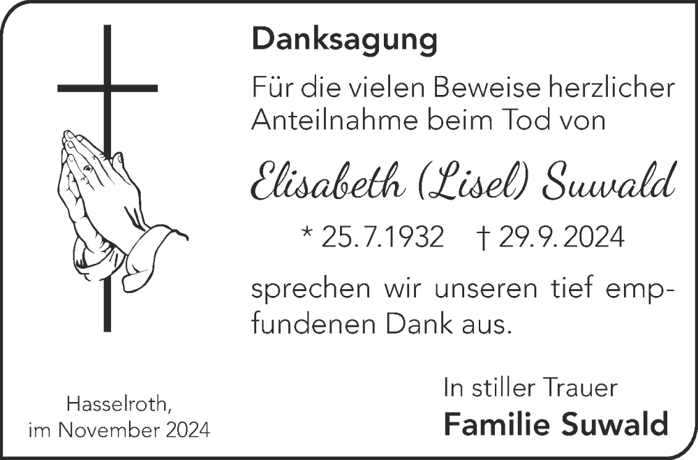  Traueranzeige für Elisabeth Suwald vom 09.11.2024 aus Gelnhäuser Neue Zeitung