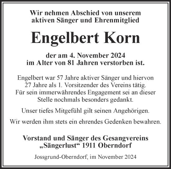 Traueranzeige von Engelbert Korn von Gelnhäuser Neue Zeitung