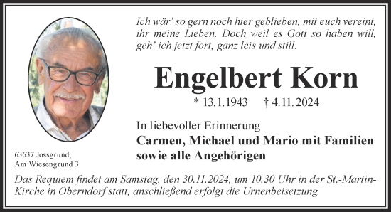 Traueranzeige von Engelbert Korn von Gelnhäuser Neue Zeitung