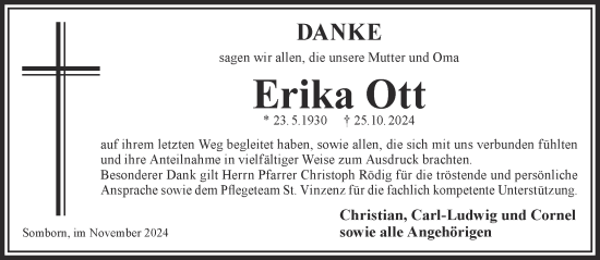 Traueranzeige von Erika Ott von Gelnhäuser Neue Zeitung