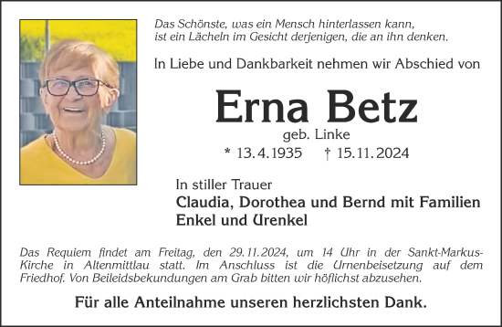 Traueranzeige von Erna Betz von Gelnhäuser Neue Zeitung