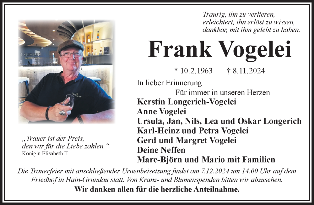  Traueranzeige für Frank Vogelei vom 30.11.2024 aus Gelnhäuser Neue Zeitung