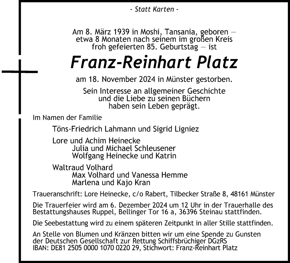  Traueranzeige für Franz-Reinhart Platz vom 30.11.2024 aus Gelnhäuser Neue Zeitung