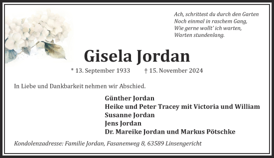 Traueranzeige von Gisela Jordan von Gelnhäuser Neue Zeitung
