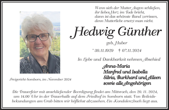 Traueranzeige von Hedwig Günther von Gelnhäuser Neue Zeitung