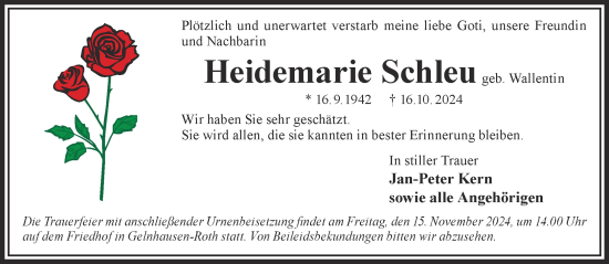 Traueranzeige von Heidemarie Schleu von Gelnhäuser Neue Zeitung