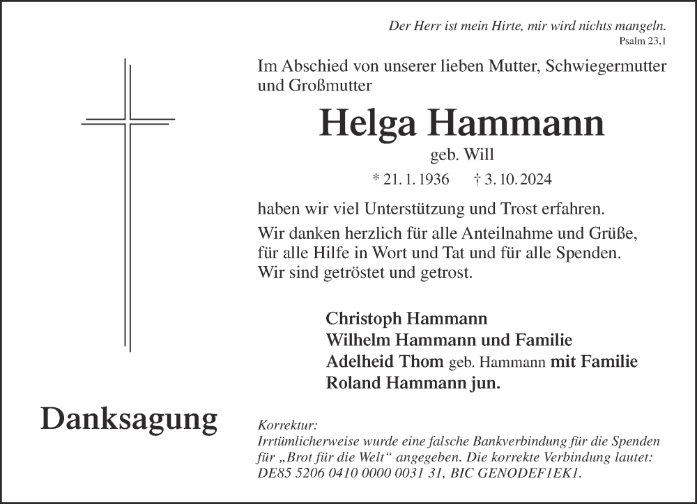  Traueranzeige für Helga Hammann vom 02.11.2024 aus Mittelhessen-Bote