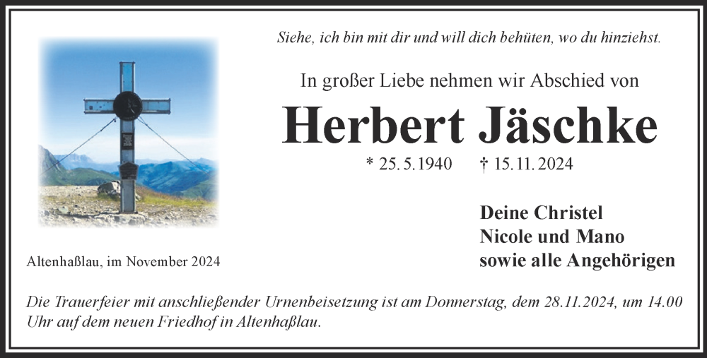  Traueranzeige für Herbert Jäschke vom 23.11.2024 aus Mittelhessen-Bote
