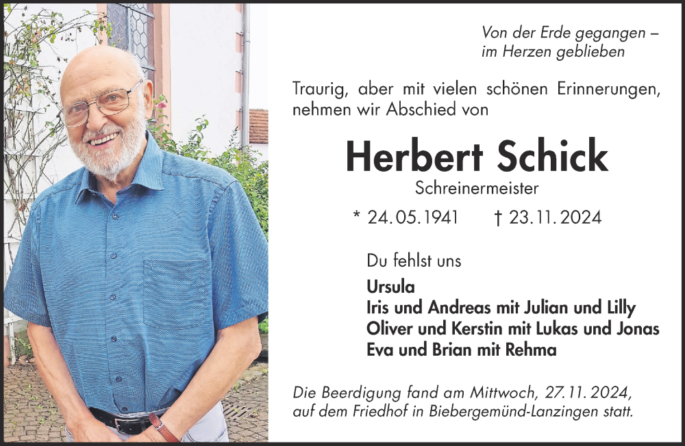 Traueranzeige für Herbert Schick vom 30.11.2024 aus Mittelhessen-Bote