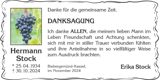 Traueranzeige von Hermann Stock von Gelnhäuser Neue Zeitung