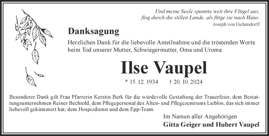 Traueranzeige von Ilse Vaupel von Gelnhäuser Neue Zeitung