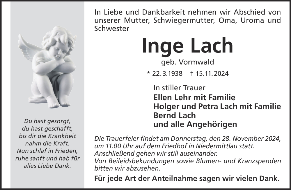  Traueranzeige für Inge Lach vom 23.11.2024 aus Mittelhessen-Bote
