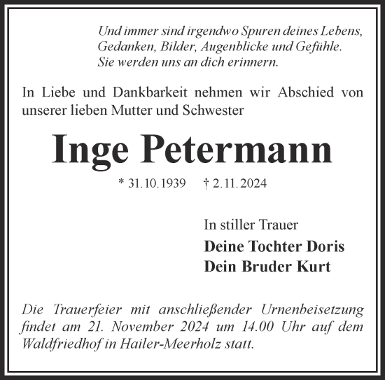 Traueranzeige von Inge Petermann von Gelnhäuser Neue Zeitung