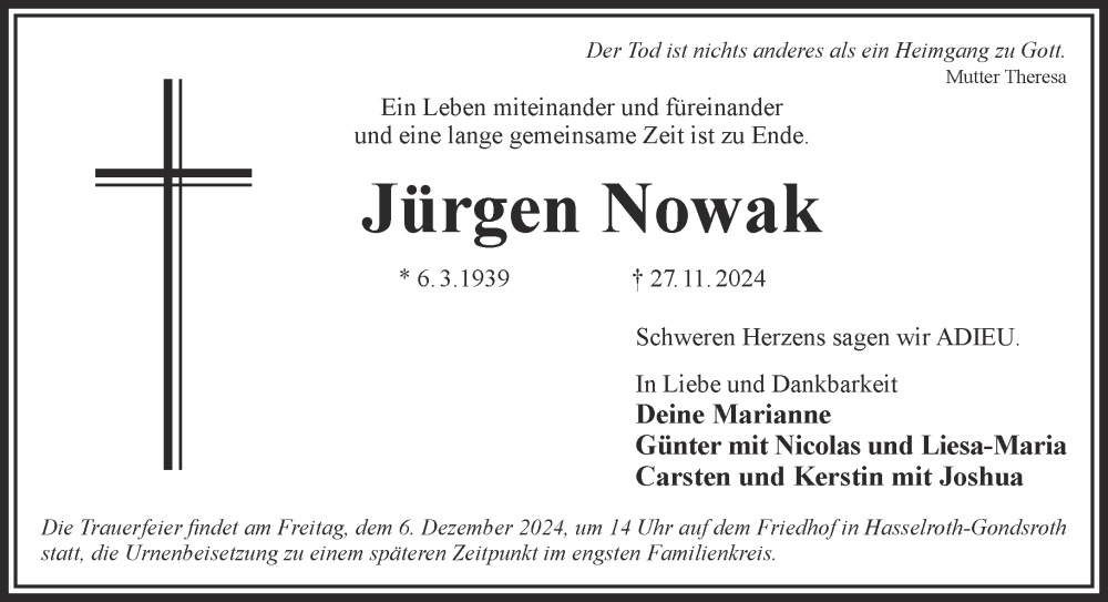  Traueranzeige für Jürgen Nowak vom 30.11.2024 aus Gelnhäuser Neue Zeitung