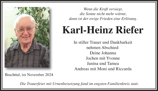 Traueranzeige von Karl-Heinz Riefer von Gelnhäuser Neue Zeitung