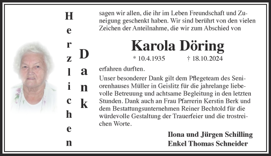 Traueranzeige von Karola Döring von Gelnhäuser Neue Zeitung