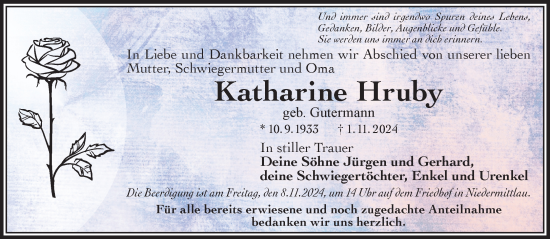 Traueranzeige von Katharine Hruby von Gelnhäuser Neue Zeitung