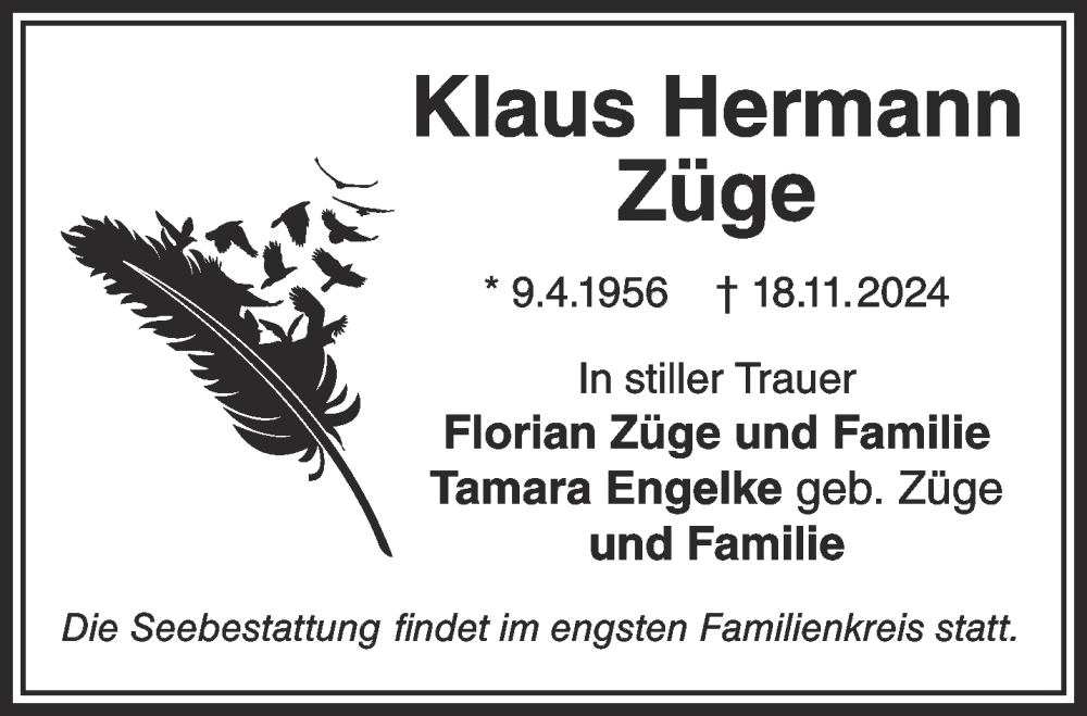  Traueranzeige für Klaus Hermann Züge vom 30.11.2024 aus Gelnhäuser Neue Zeitung