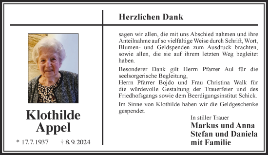 Traueranzeige von Klothilde Appel von Mittelhessen-Bote