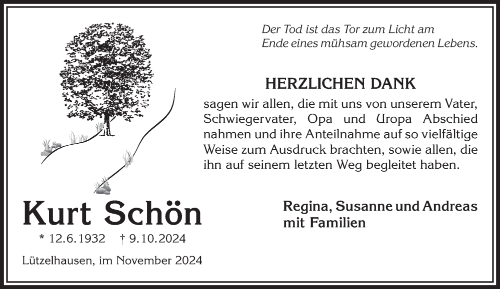  Traueranzeige für Kurt Schön vom 23.11.2024 aus Mittelhessen-Bote