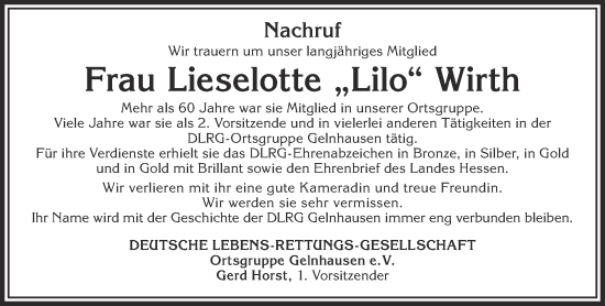 Traueranzeige von Lieselotte  Wirth von Gelnhäuser Neue Zeitung